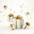 Merry New Year and Merry Christmas 2024 white gift boxes with golden bows and gold sequins confetti on white background. AI Generated